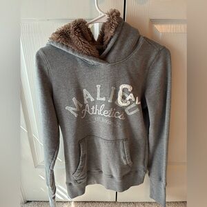 Hollister Gray Hoodie with Cream Accents and Brown Faux Fur Lining
